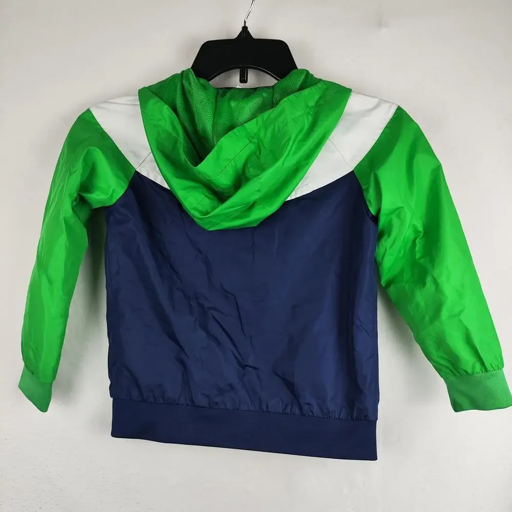 Nike Jacket Kids 4-5Y Green Blue White Hooded Windbreaker Full Zip Mesh Lined